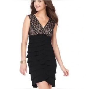 Adrianna Papell Sheath Dress Black Sleeveless Lace Ruffle Tiered Women's Sz 14P